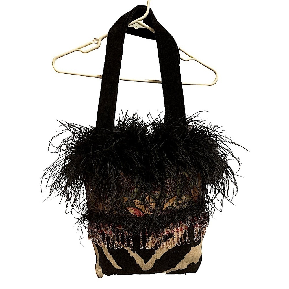 Lore Lea Vintage Maximalist Tote Bag Marabou Trim Tiger Stripe Bead Trim Velvet